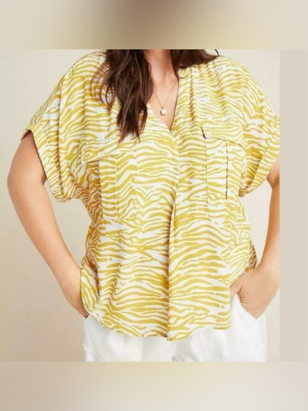 Maeve by Anthropologie Yellow Zebra-Print V-Neck Short Sleeve Blouse - Size S